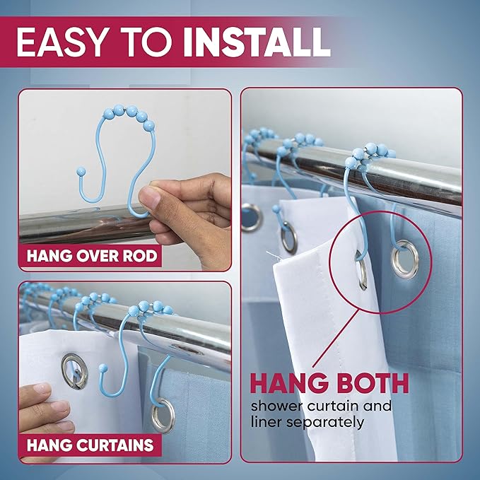 Shower Curtain Hooks Rust Proof (Set of 12) - Stainless Steel Shower Curtain Rings - Anti Slip Roller Balls for Easy Glide (Omega Double Hooks, Sky Blue)
