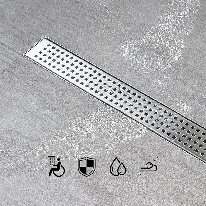 SaniteModar Linear Shower Drain, 72 inch Shower Drain with Removable Square Hole Panel by Using Brushed 304 Stainless Steel Process, Linear Drain Equipped with Adjustable Feet and Hair Strainer