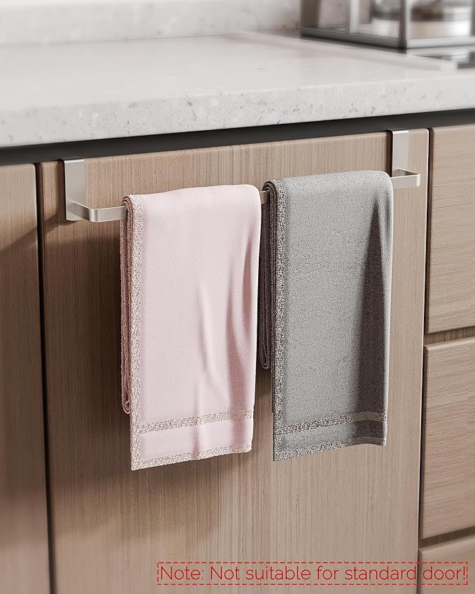 Over Cabinet Towel Rack, 2 Pack 14 Inch Over The Door Towel Bar Towel Hanger for Kitchen, Stainless Steel Over Cabinet Cupboard Kitchen Towel Holder, Foam Protective Mats (Silver)
