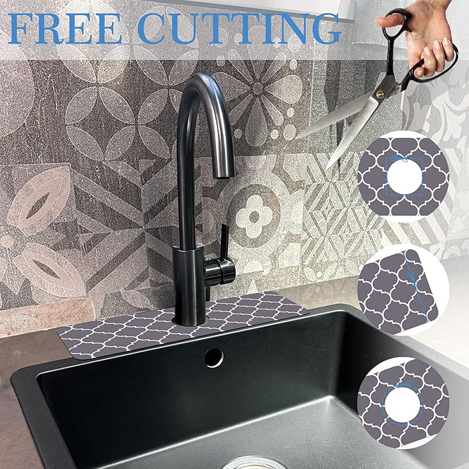 Faucet Mat for Kitchen Sink Stylish Grey Moroccan Art, Soft Diatom Mud Material, Strong Water Absorption, Non-slip, Easy to Clean for Bathroom, Kitchen 15"X5.5"