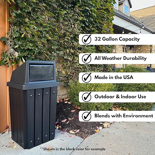 Campus Collection 32 Gallon Square Slatted 100% Recycled Plastic Heavy-Duty Commercial Outdoor or Indoor Trash Can with Push Top Lid | Great for Schools and Businesses - Orange