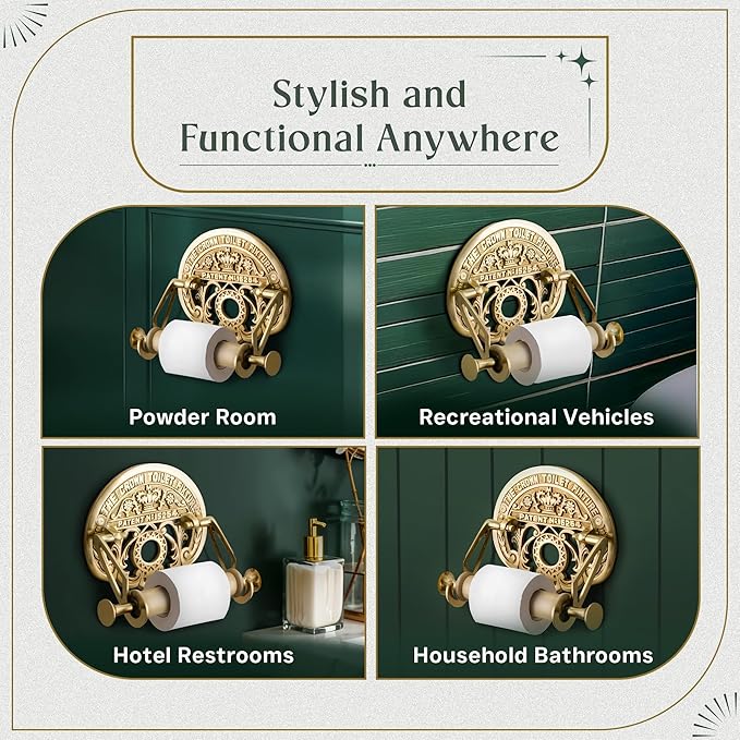 Bright Brass Wall Mount Toilet Paper Holder 7.25" Wide Vintage Crown Style Solid Brass Easy Install Toilet Tissue Paper Holders with Wooden Roll for Bathroom | Renovators Supply Manufacturing