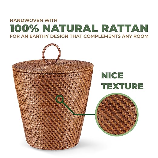 3 Gallon Rattan Trash Can with Lid and Liner - Wicker Trash Can for Bathroom, Bedroom, Kitchen, Living Room