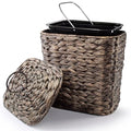 Wicker Waste Basket - Wicker Trash Can with Lid - Water Hyacinth Bathroom Garbage Can with a Lid - Bathroom Trash Can Boho Style - Removable Liner, Iron Frame (Black, 2 Gallons)