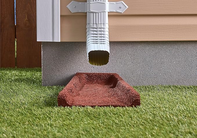 Rubberific Premium Rubber Downspout Splash Block, Rain Guard, Stone Textured Drain Extender (Red)
