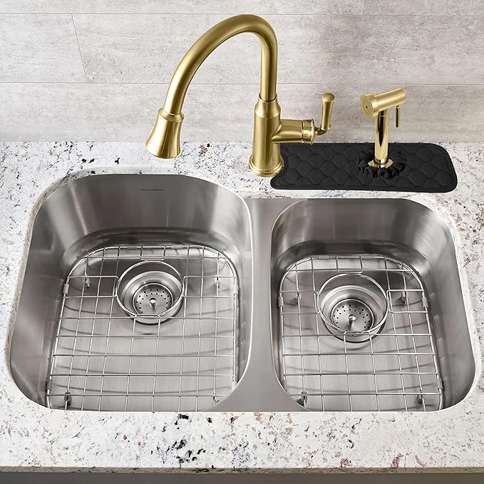 Kitchen Sink Splash Guard 2-holes : AHA HOMEWARE Faucet Mat for Double Offset Kitchen Sink, with DIY Cutting Toolkit for extra holes soap dispenser, air gap, 14.5 in, Black