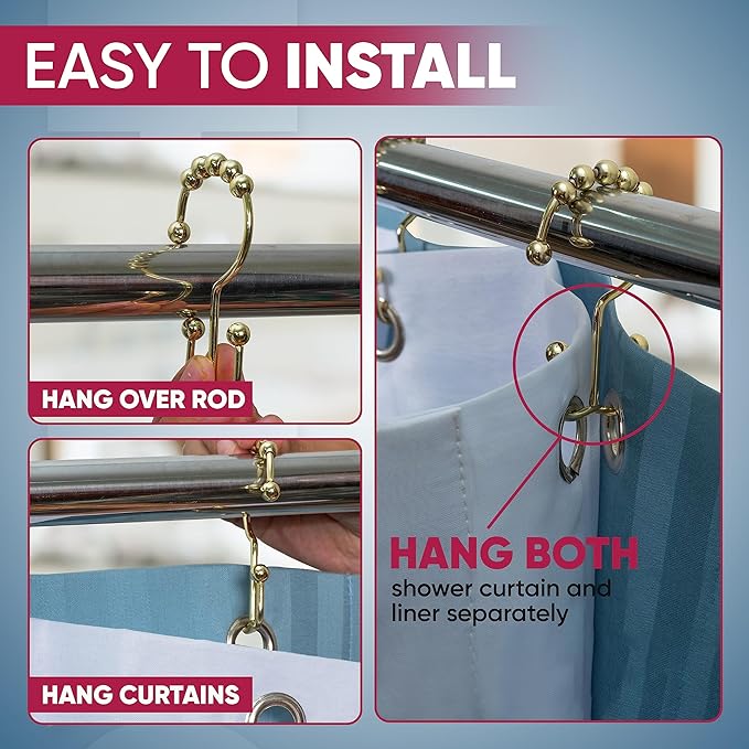 Shower Curtain Hooks Rust Proof (Set of 12) - Stainless Steel Shower Curtain Rings - Anti Slip Roller Balls for Easy Glide (Double Anchor Hooks, Polished Gold)