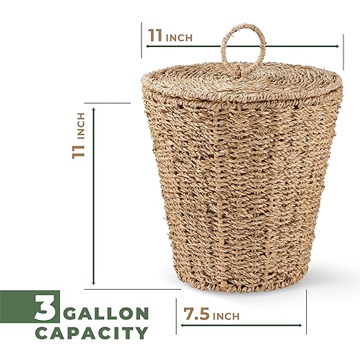3 Gallons Seagrass Waste Basket with Lid and Liner - Wicker Trash Can