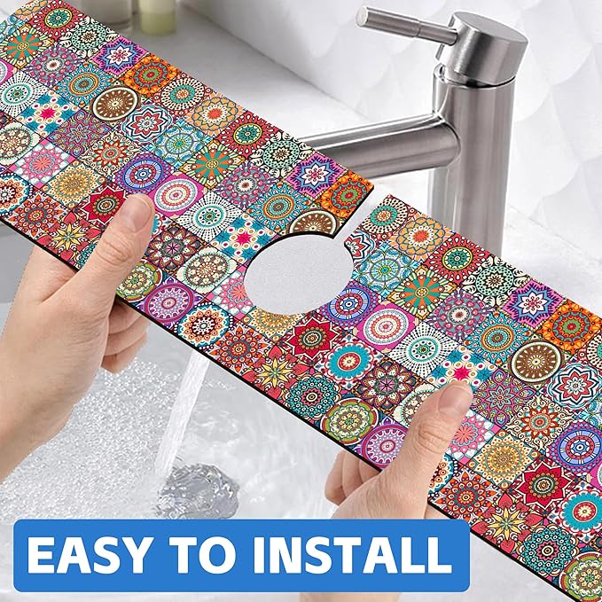 Faucet Draining Mat For Kitchen Sink Mexican Tiles Diatom Mud Absorbent Drain Pad For Bathroom Kitchen Sink Splash Guard Drying Mat 5.5"×24"