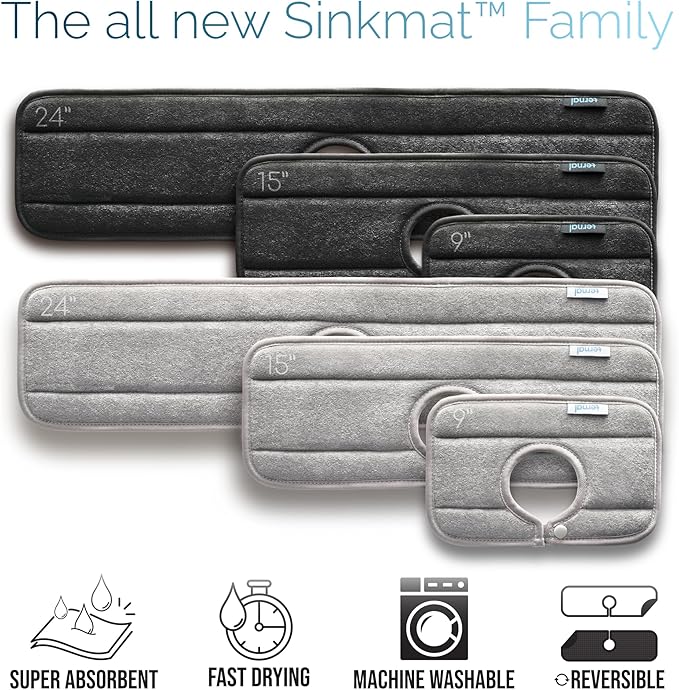 The Original Ternal Sinkmat Drip Catcher & Splash Guard, Faucet Mat for Sinks – Absorbent Microfiber, Machine Washable Counter Protector & Drying Mat for Kitchen, Bathroom or RV [Grey, 15in, 1 Pack]