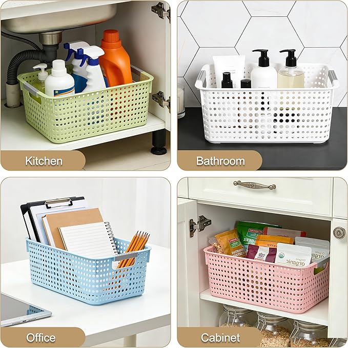 Soddeph 4 Pack Fully Hollow Plastic Organizer Basket with Handles, Multi-Purpose Organizer for Under Bathroom Sink,Kitchen Cabinet, Ideal for Toiletries (Green, Medium)