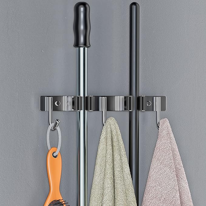 Heavy Duty Broom and Mop Holder Wall Mounted with 2 Rubber Grip Slots & 3 Utility Hooks – SUS304 Stainless Steel, Waterproof, Self Adhesive or Drill Mount, for Garage, Laundry, Kitchen Use, 2 Pcs