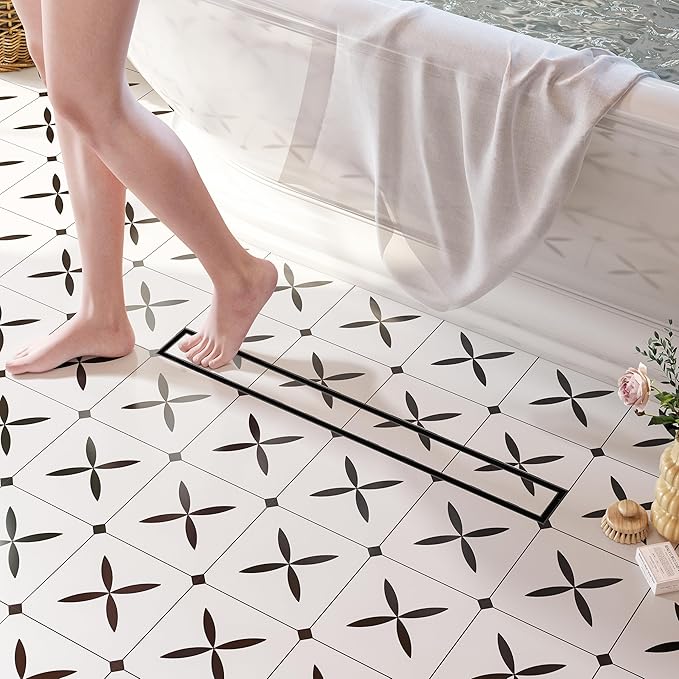 Neodrain 24-Inch Offset Linear Shower Drain with Tile Insert Grate Cover, 304 Stainless Steel Rectangle Side Outlet Shower Floor Drain, Adjustable Leveling Foot, Hair Strainer/Catcher, Matte Black
