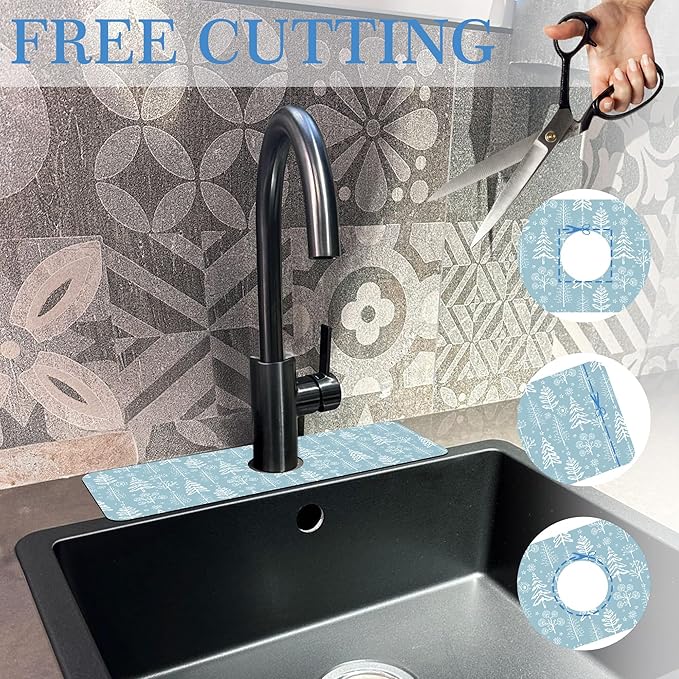 Winter Fir Tree Faucet Mat for Kitchen Sink Fir Trees Bushes Snow, Soft Diatom Mud Material, Strong Water Absorption, Non-slip, Easy to Clean for Bathroom, Kitchen 15"X5.5"
