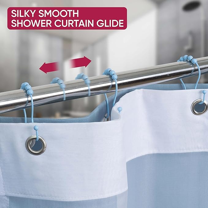 Shower Curtain Hooks Rust Proof (Set of 12) - Stainless Steel Shower Curtain Rings - Anti Slip Roller Balls for Easy Glide (Omega Double Hooks, Sky Blue)