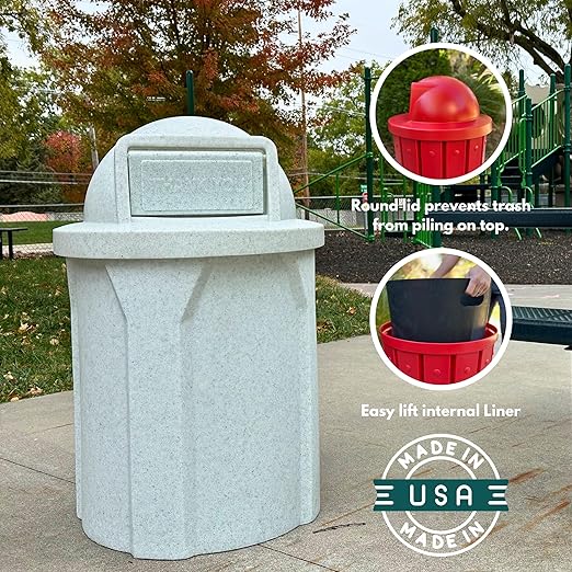 Campus Collection 42 Gallon Circle 100% Recycled Plastic Heavy Duty Indoor or Outdoor Commercial Trash Can with Push Open Dome Lid and Internal Liner - Great for Schools and Businesses - Black