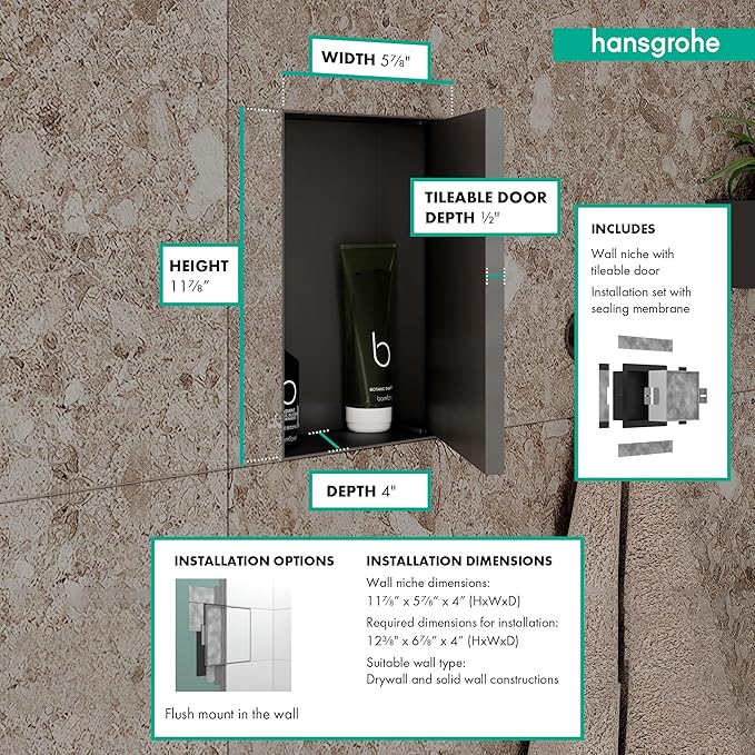 hansgrohe XtraStoris Rock Recessed Wall Niche with Tileable Door 12"x 6"x 4" in Matte White, 56082700