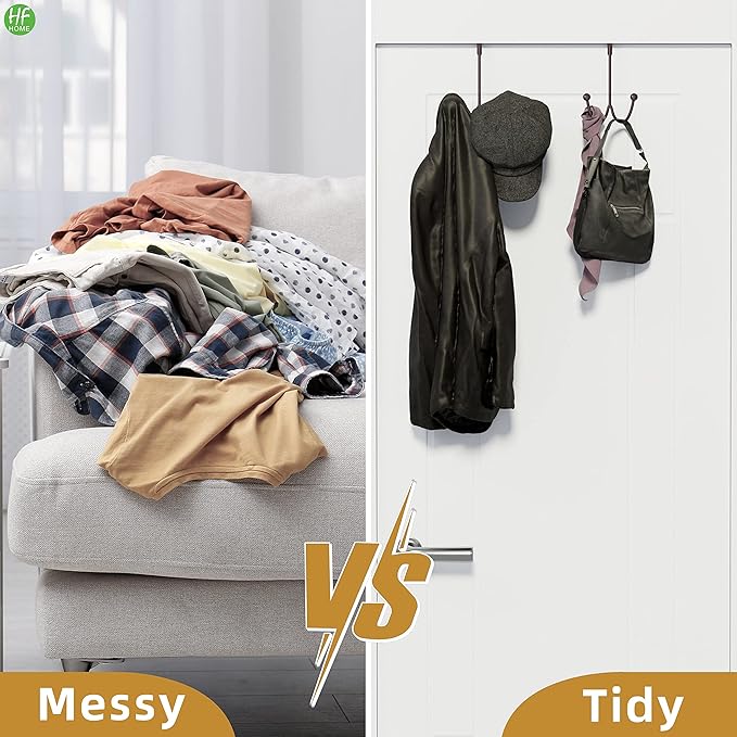 HFHOME 2Packs Over The Door Double Hanger Hooks, Metal Twin Hooks Organizer for Hanging Coats, Hats, Robes, Towels- Brown