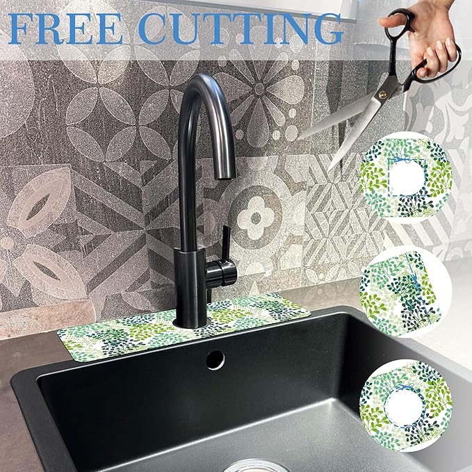 Green Leafy Faucet Mat for Kitchen Sink Verdant Vein, Soft Diatom Mud Material, Strong Water Absorption, Non-slip, Easy to Clean for Bathroom, Kitchen 15"X5.5"