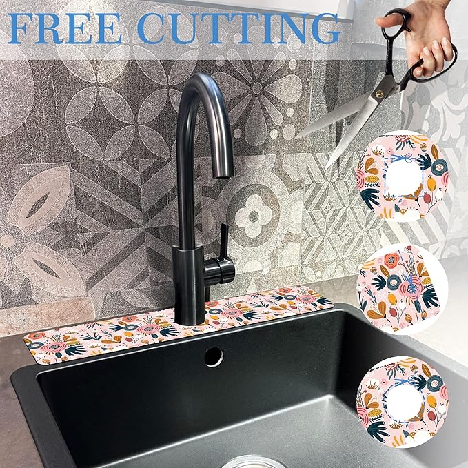 Flower Berrie Leave Faucet Mat for Kitchen Sink Floral Texture, Soft Diatom Mud Material, Strong Water Absorption, Non-slip, Easy to Clean for Bathroom, Kitchen 23.5"X5.5"