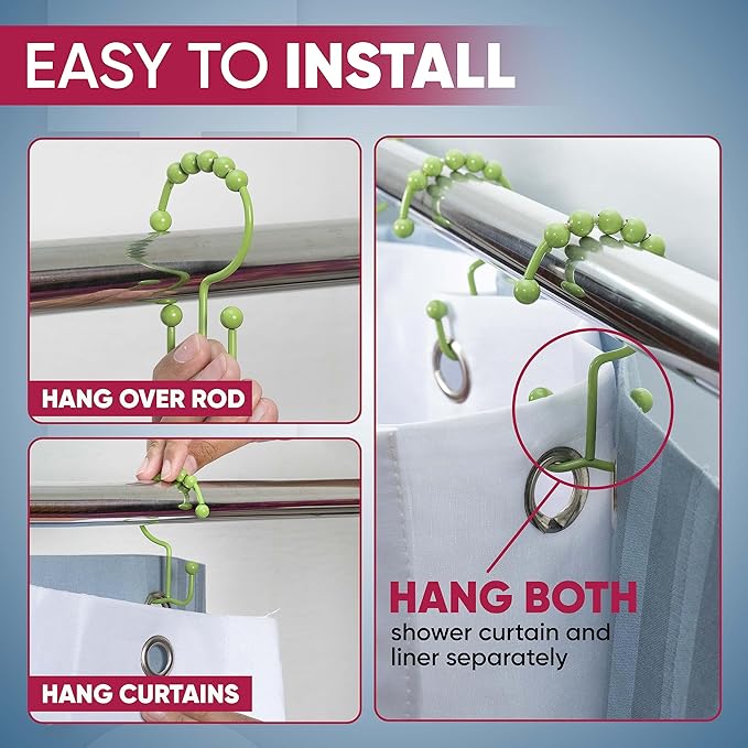 Shower Curtain Hooks Rust Proof (Set of 12) - Stainless Steel Shower Curtain Rings - Anti Slip Roller Balls for Easy Glide (Double Anchor Hooks, Lime Green)
