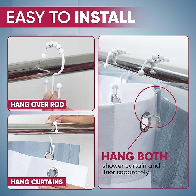 Shower Curtain Hooks Rust Proof (Set of 12) - Stainless Steel Shower Curtain Rings - Anti Slip Roller Balls for Easy Glide (Double Anchor Hooks, White)