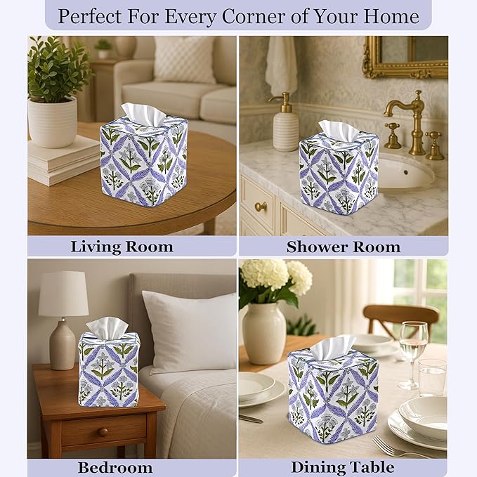 Ridhi Light Steel Blue Block Print Tissue Box Cover Handmade Cotton Fabric Decorative Square Napkin Holder for Home Bedroom Living Room Bathroom Vanity Countertop Car Night Stands Office Kitchen