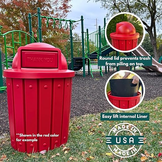 Campus Collection 42 Gallon Slated Circle 100% Recycled Plastic Heavy Duty Outdoor Trash Can with Push Open Dome Lid and Internal Liner - Great for Schools and Businesses - Dark Granite