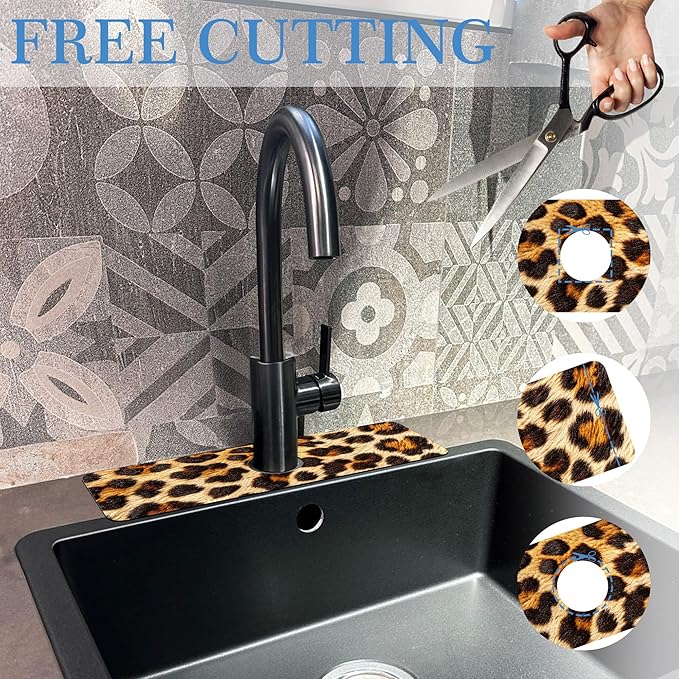 Faucet Mat Splash Guard Leopard Fur Animal Texture, Soft Diatom Mud Material, Strong Water Absorption, Non-slip,Easy to Clean for Bathroom, Kitchen 15"X5.5"