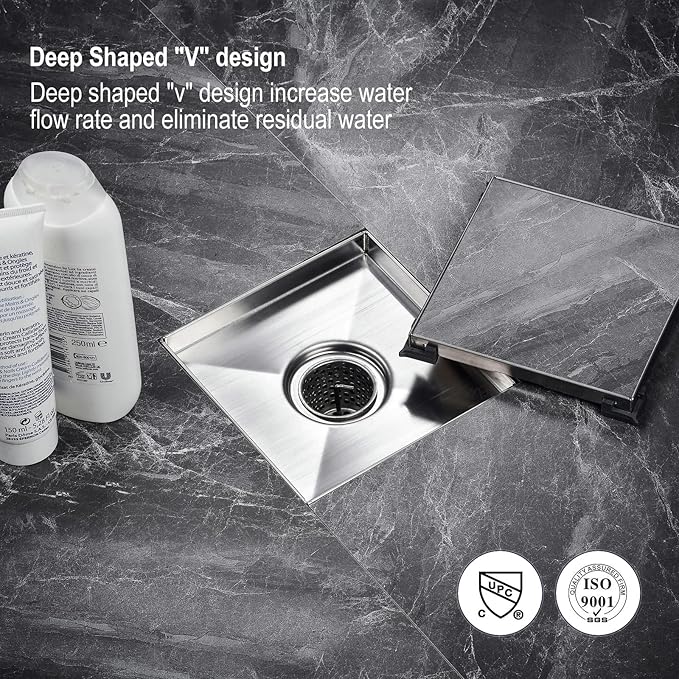 Square Shower Drain with Removable Tile Insert Grate, 6-Inch, Brushed 304 Stainless Steel, Includes Hair Strainer CUPC Certified,MUYEDRAIN