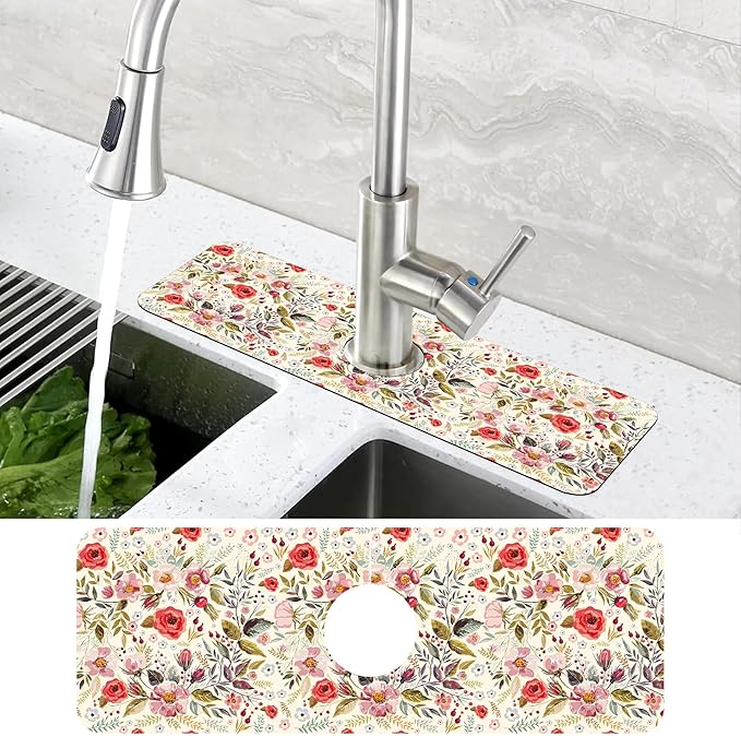 Abstract Red Pink Floral Dish Drying Mat for Kitchen Sink Splash Guard Behind Faucet Sink Mat Absorbent Fast Drying Faucet Draining Mat for Bathroom Kitchen 5.5"×15"