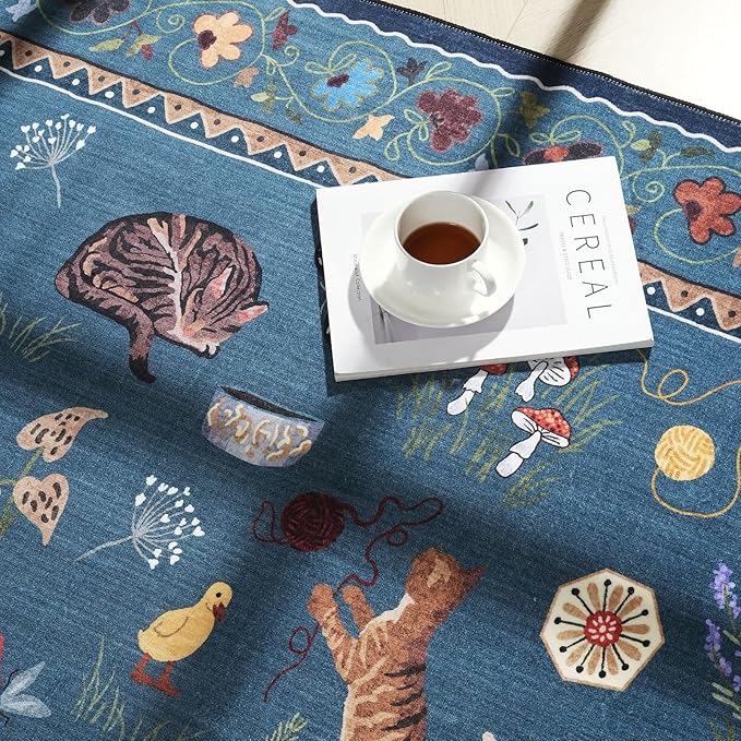 Rugcomf Door Mat Indoor Entrance 2x3 Rug Machine Washable Boho Floral Animal Cat Small Area Rug Non-Slip Low Pile Throw Rugs for Entryway Kitchen Front Door Indoor Entry Kids Room, Pearl Gentian Blue
