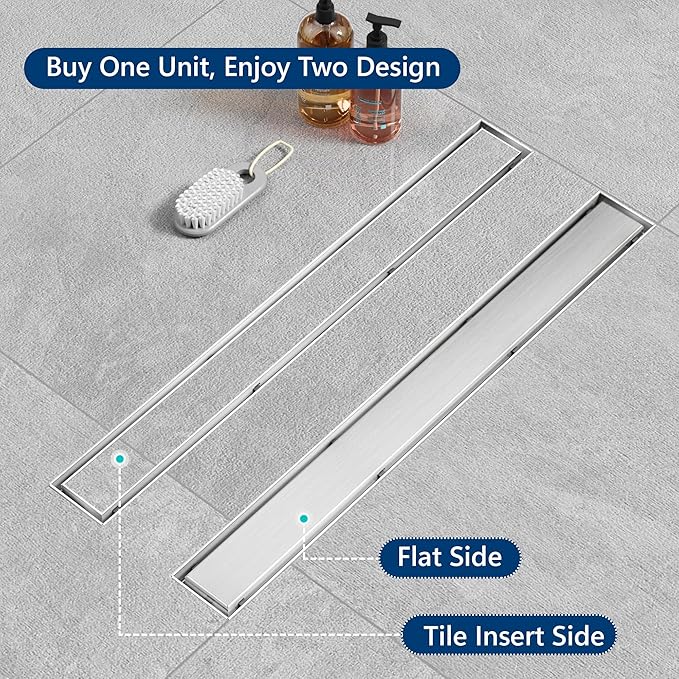 Neodrain 28-Inch Offset Linear Shower Drain with Tile Insert Grate Cover, Brushed 304 Stainless Steel Rectangle Side Outlet Shower Floor Drain, Adjustable Leveling Foot, Hair Strainer/Catcher