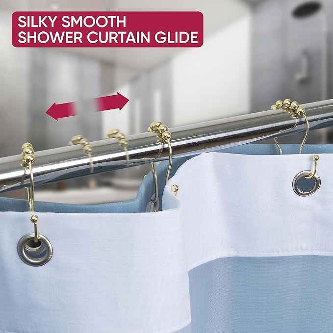 Shower Curtain Hooks Rust Proof (Set of 12) - Stainless Steel Shower Curtain Rings - Anti Slip Roller Balls for Easy Glide (Omega Double Hooks, Polished Gold)