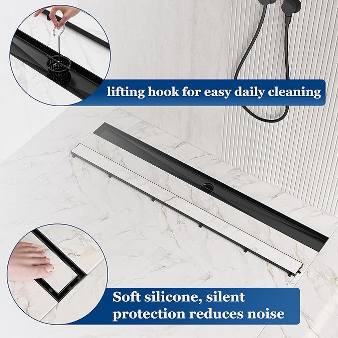 Neodrain 54-Inch Linear Shower Drain with Tile Insert Grate, Matte Black 304 Stainless Steel Rectangle Shower Floor Drain, Linear Drain with Leveling Feet, Hair Strainer
