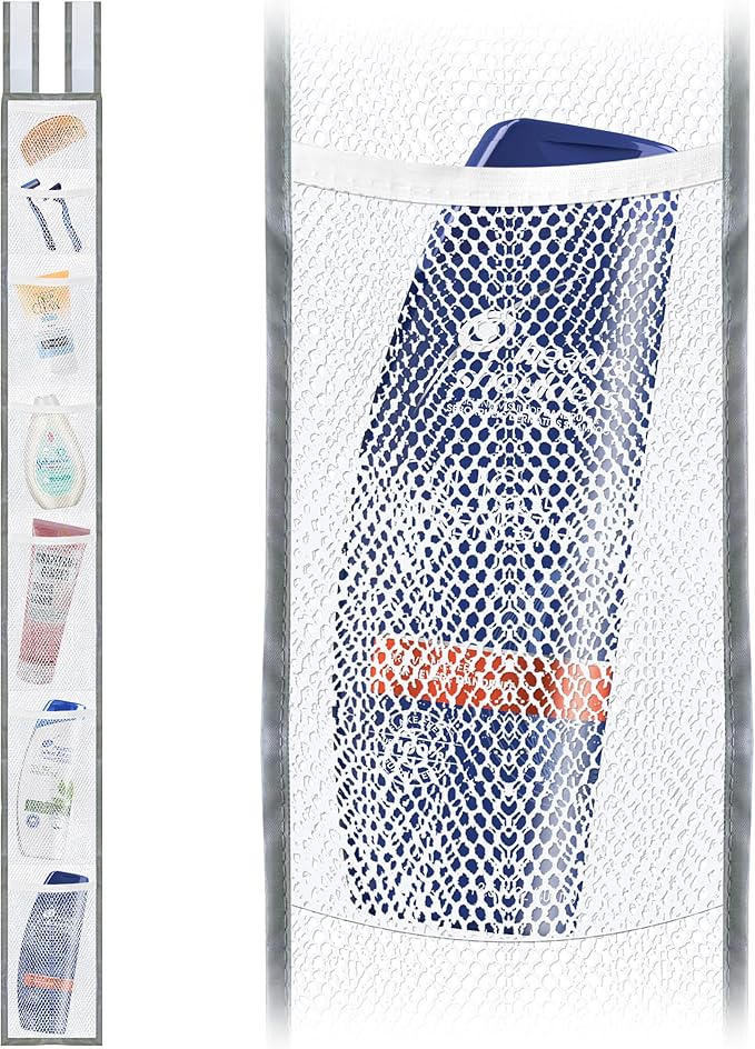 Skywin TidyFriend Shower Liner With Pockets -57 x 6 Inches, Hanging Mesh Shower Caddy with 7 Pockets, 100% Polyester Mesh Fabric, Adjustable Velcro Strap or Hook