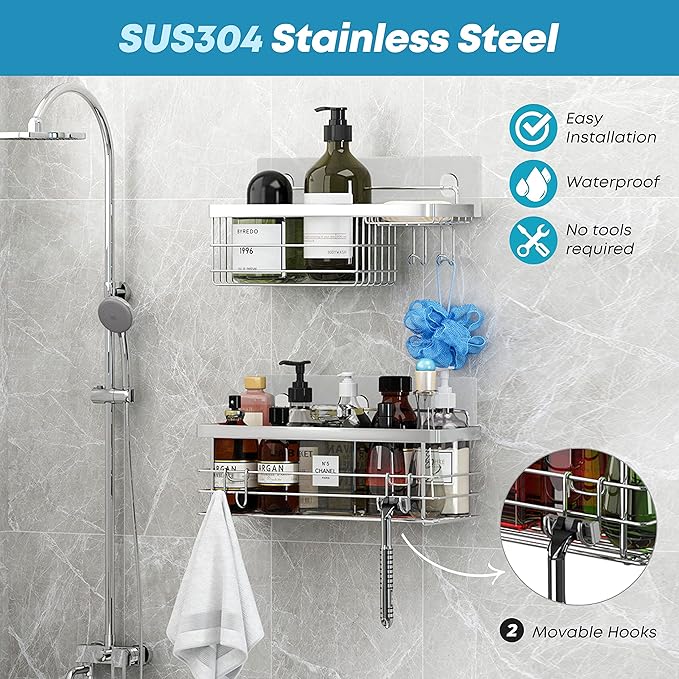 KESOL Shower Caddy and Soap Dish with Hooks Shower Shelf Organizer, No Drilling Adhesive Wall Mounted Bathroom Shelf, Rustproof SUS304 Stainless Steel (2 Pack), Silver