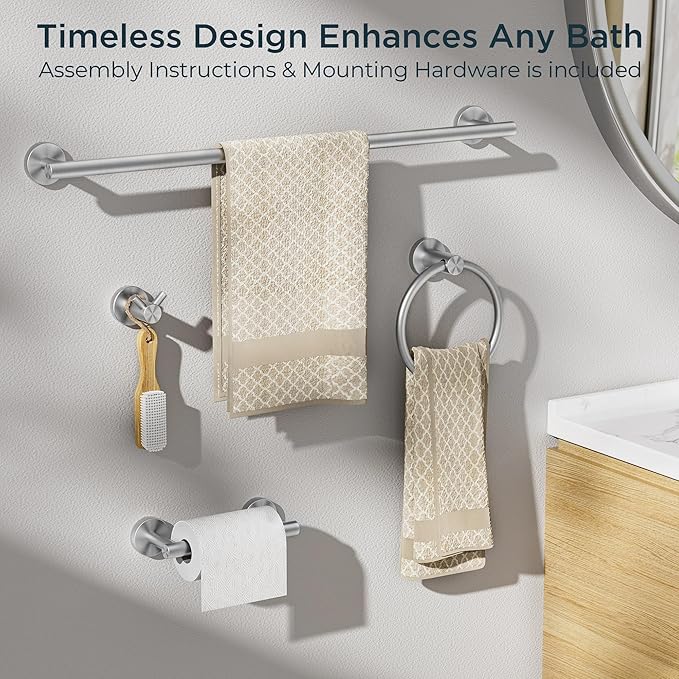FORIOUS Bathroom Hardware Accessories Set, SUS304 Stainless Steel Towel Bar Set, Modern Towel Racks Holder for Bathroom, Toilet Paper Holder Wall Mounted 4 Pieces(24" Bar, Brushed Nickel)