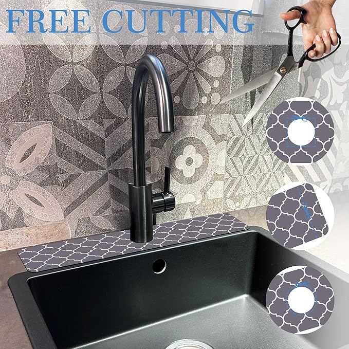 Faucet Mat for Kitchen Sink Stylish Grey Moroccan Art, Soft Diatom Mud Material, Strong Water Absorption, Non-slip, Easy to Clean for Bathroom, Kitchen 23.5"X5.5"