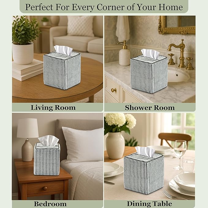 Ridhi Green Stripe Block Print Tissue Box Cover Handmade Cotton Fabric Decorative Square Napkin Holder for Home Bedroom Living Room Bathroom Vanity Countertop Car Night Stands Office Kitchen