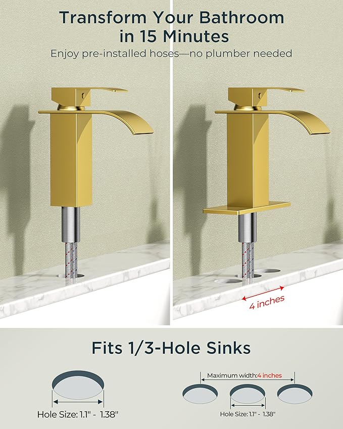 FORIOUS Brushed Gold Waterfall Bathroom Faucets 1 or 3 Hole, Vanity Single Bathroom Sink Faucet with cUPC Supply Line and Pop Up Drain, Suitable for Basin, Rv, Restroom Sink