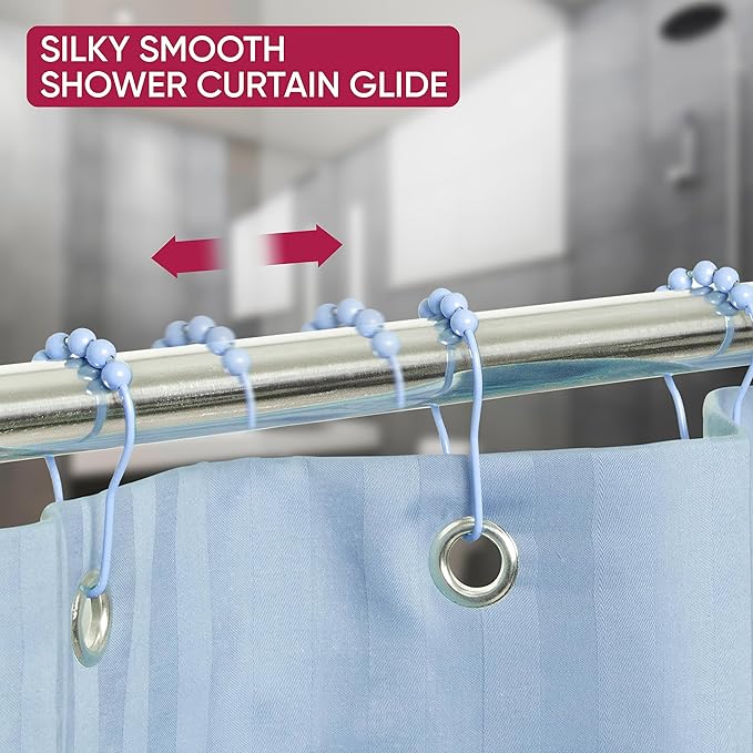 Shower Curtain Hooks Rust Proof (Set of 12) - Stainless Steel Shower Curtain Rings - Anti Slip Roller Balls for Easy Glide (Secure Lock Hooks, Sky Blue)