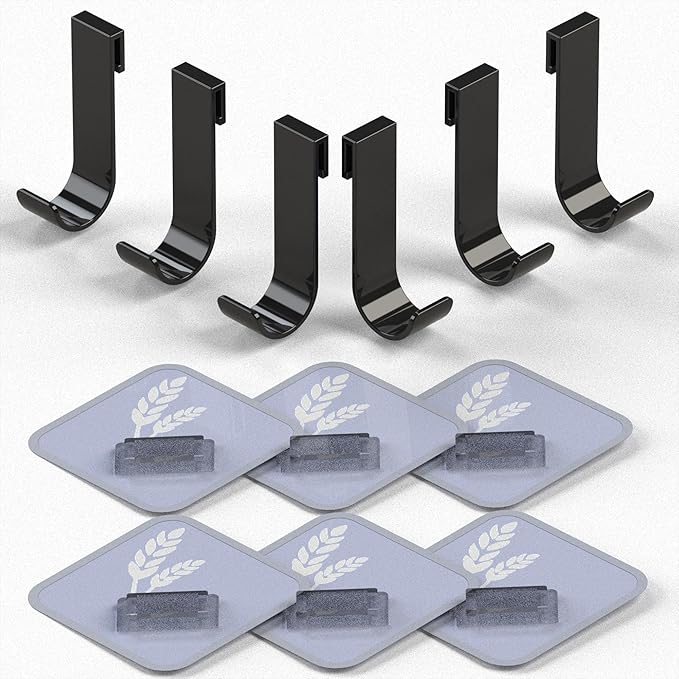 Black Shower Caddy, Sticky Key Hooks, Adhesive Hooks for Kids, Spoon Hanger Decorative, Self Adhesive Coat Hooks Utility Hooks 6 Pack