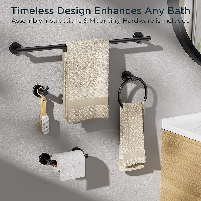 FORIOUS Bathroom Hardware Accessories Set, SUS304 Stainless Steel Towel Bar Set, Modern Towel Racks Holder for Bathroom, Toilet Paper Holder Wall Mounted 4 Pieces(24" Bar, Matte Black)