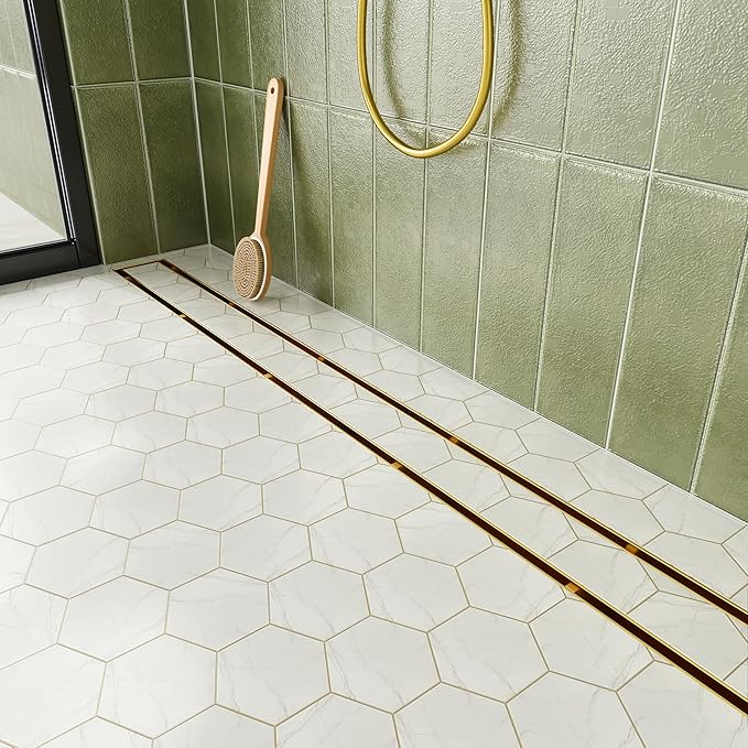 Neodrain 48-Inch Linear Shower Drain with Tile Insert Grate, Golden 304 Stainless Steel Rectangle Shower Floor Drain, Linear Drain with Leveling Feet, Hair Strainer
