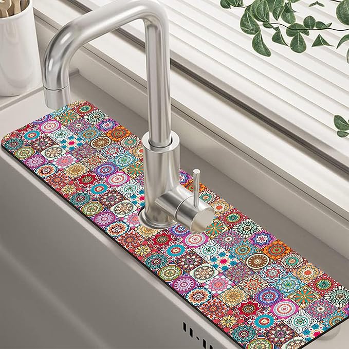 Faucet Draining Mat For Kitchen Sink Mexican Tiles Diatom Mud Absorbent Drain Pad For Bathroom Kitchen Sink Splash Guard Drying Mat 5.5"×24"