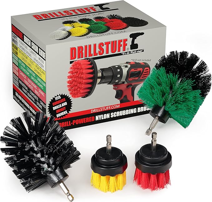 Power Scrubbing Brushes - Cordless Drill Attachment Set - Shower Cleaning Brush for Drill - Stiff Bristle Concrete/Deck Scrub Brushes - Kitchen Stove/Oven/Sink Scrubber - Safe BBQ Grill Cleaning