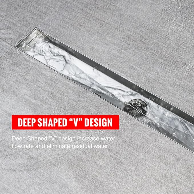 SaniteModar Linear Shower Drain, Shower Drain 60 inch with Removable Square Hole Panel, AISI Brushed 304 Stainless Steel Shower Floor Linear Drain with Adjustable Feet and Hair Catcher