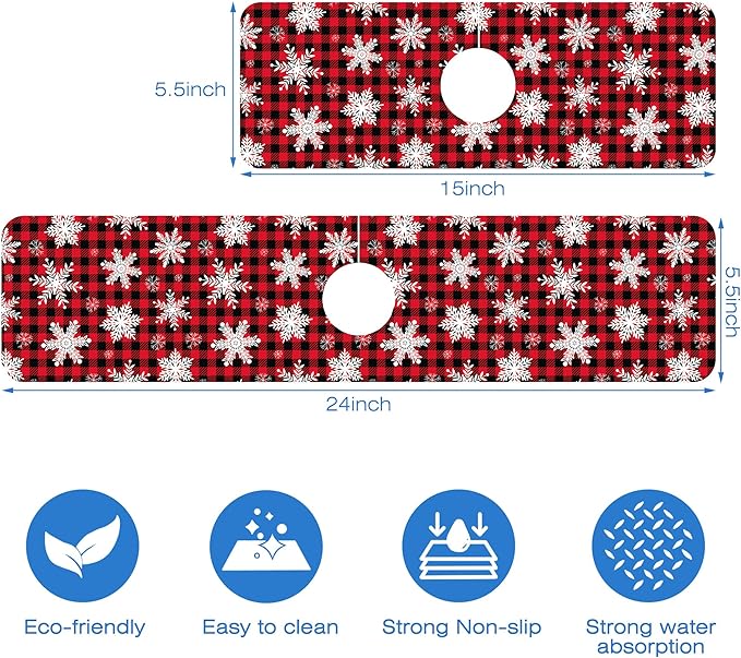 Christmas Snowflake Kitchen Sink Splash Guard Mat Buffalo Plaid Absorbent Fast Drying Mat Faucet Draining Mat Sink Splash Guard Behind Faucet Drip Catcher for Kitchen Bathroom 5.5"×15"