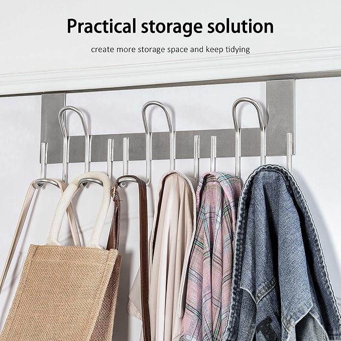 SKOLOO Over The Door Hooks - for Doors up to 1-3/4'' Thickness, Metal Door Hanger with 9 Hooks, Over The Door Hanger for Coats, Hats,Towels, Silver